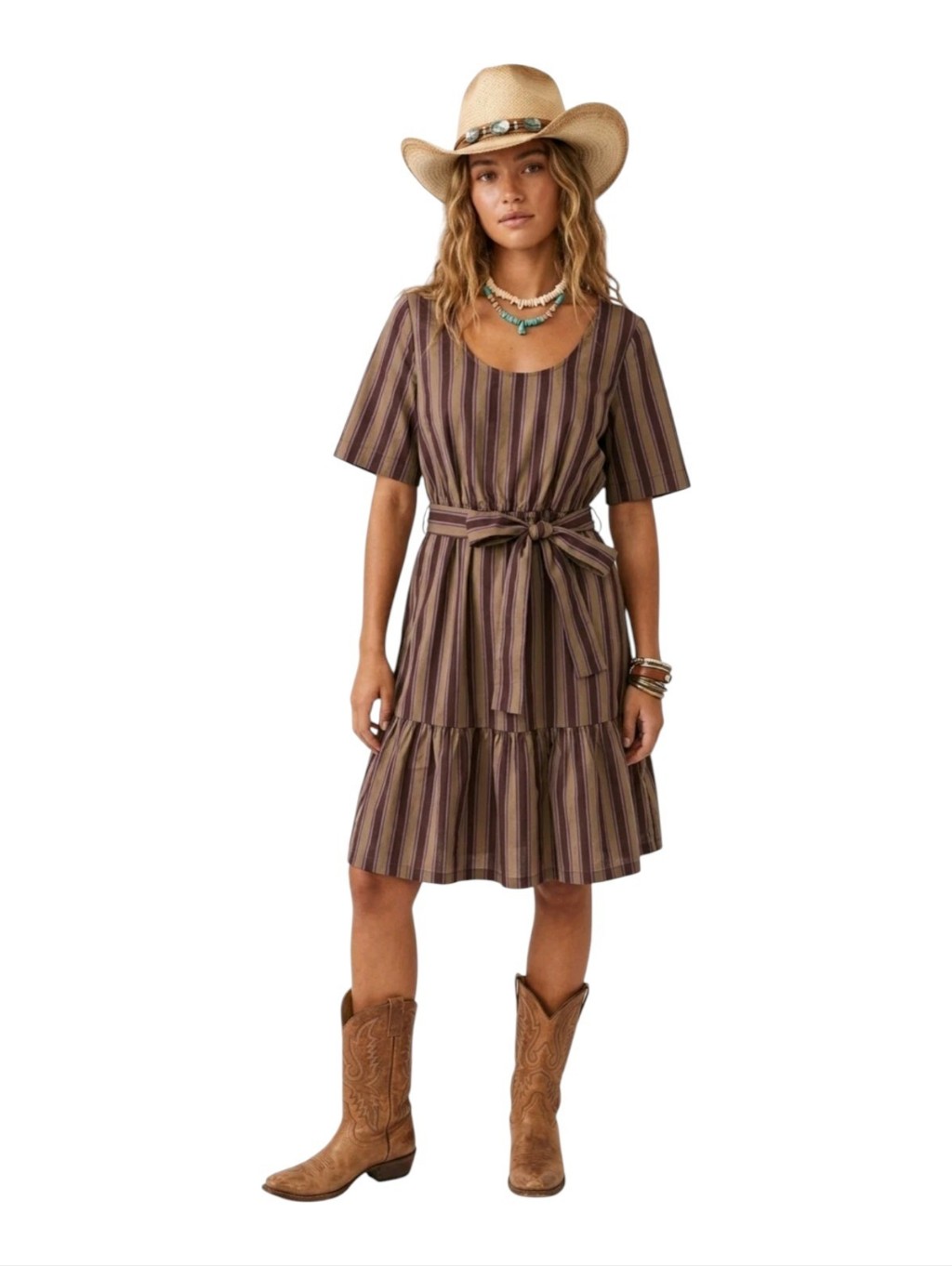 Iris & Ink Chocolate Striped Knee Length Ruffle Hem Dress Nwt Size 10